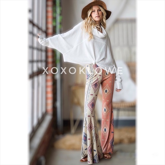 Aztec Print Half & Half Bell Bottom Flares High Waist Slim Fit - Picture 4 of 15